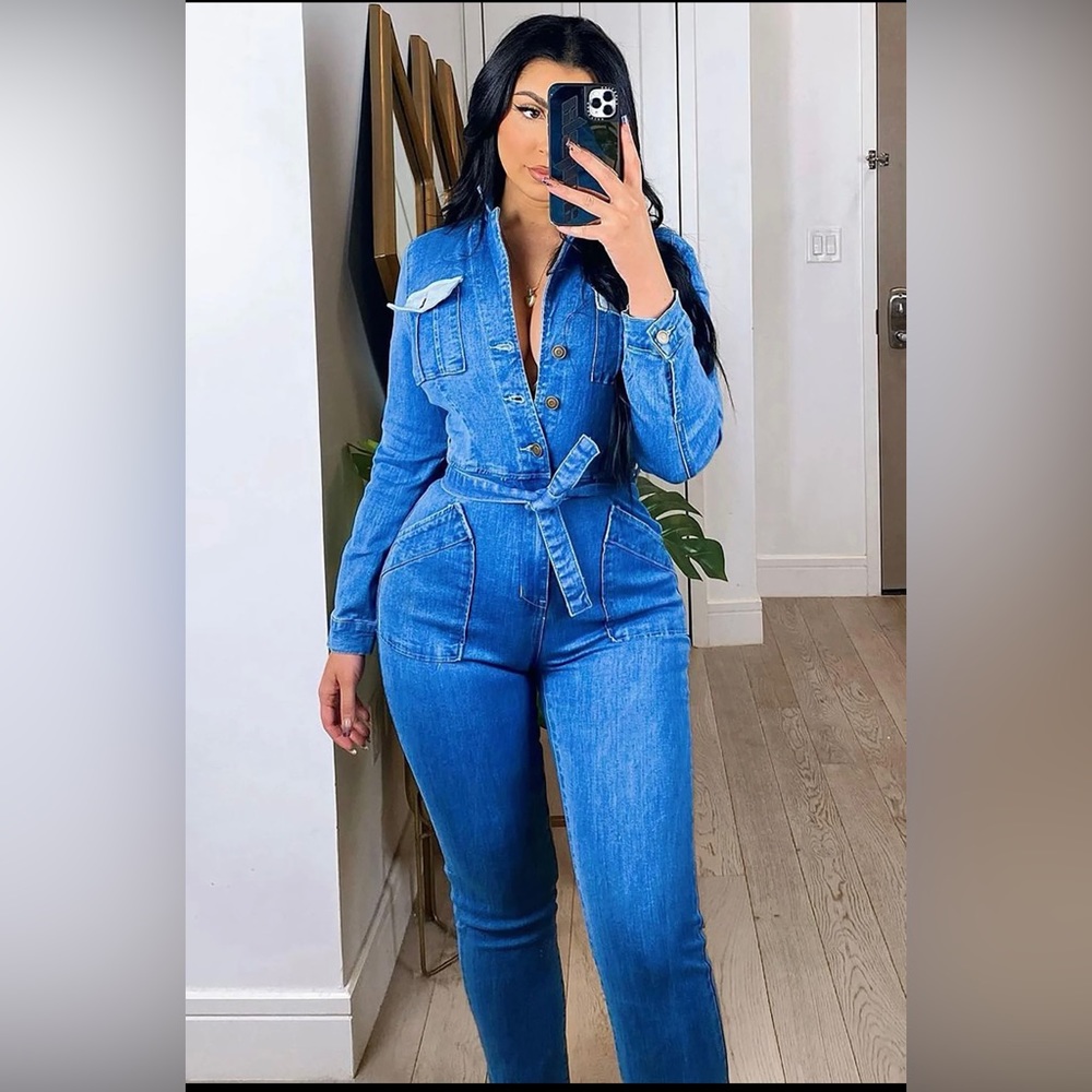 Fashion Nova The Most Of Travels Medium Denim Wash Tie Waist Utility Jumpsuit XL